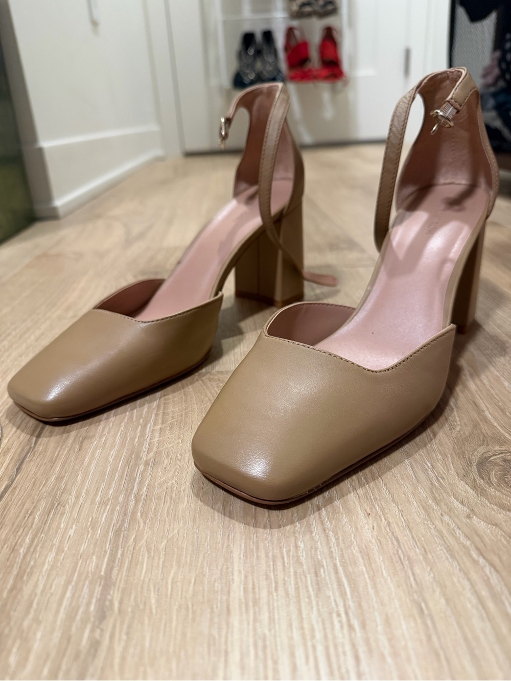 Nordstrom Tan Square-Toe Block Heel Ankle-Strap Pumps